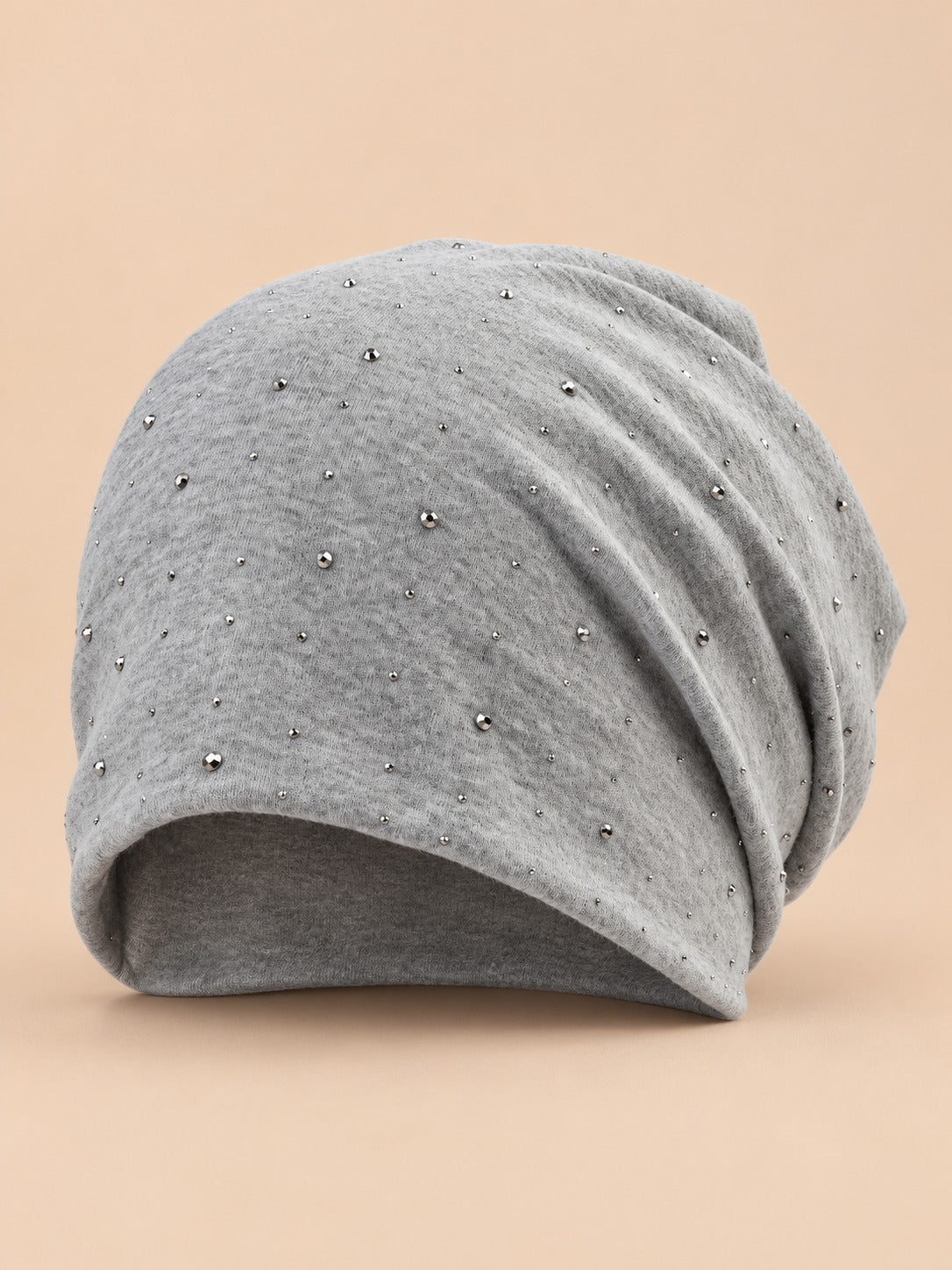 Bonnet slouchy femme à strass en coton tricoté, gris clair, vue de face