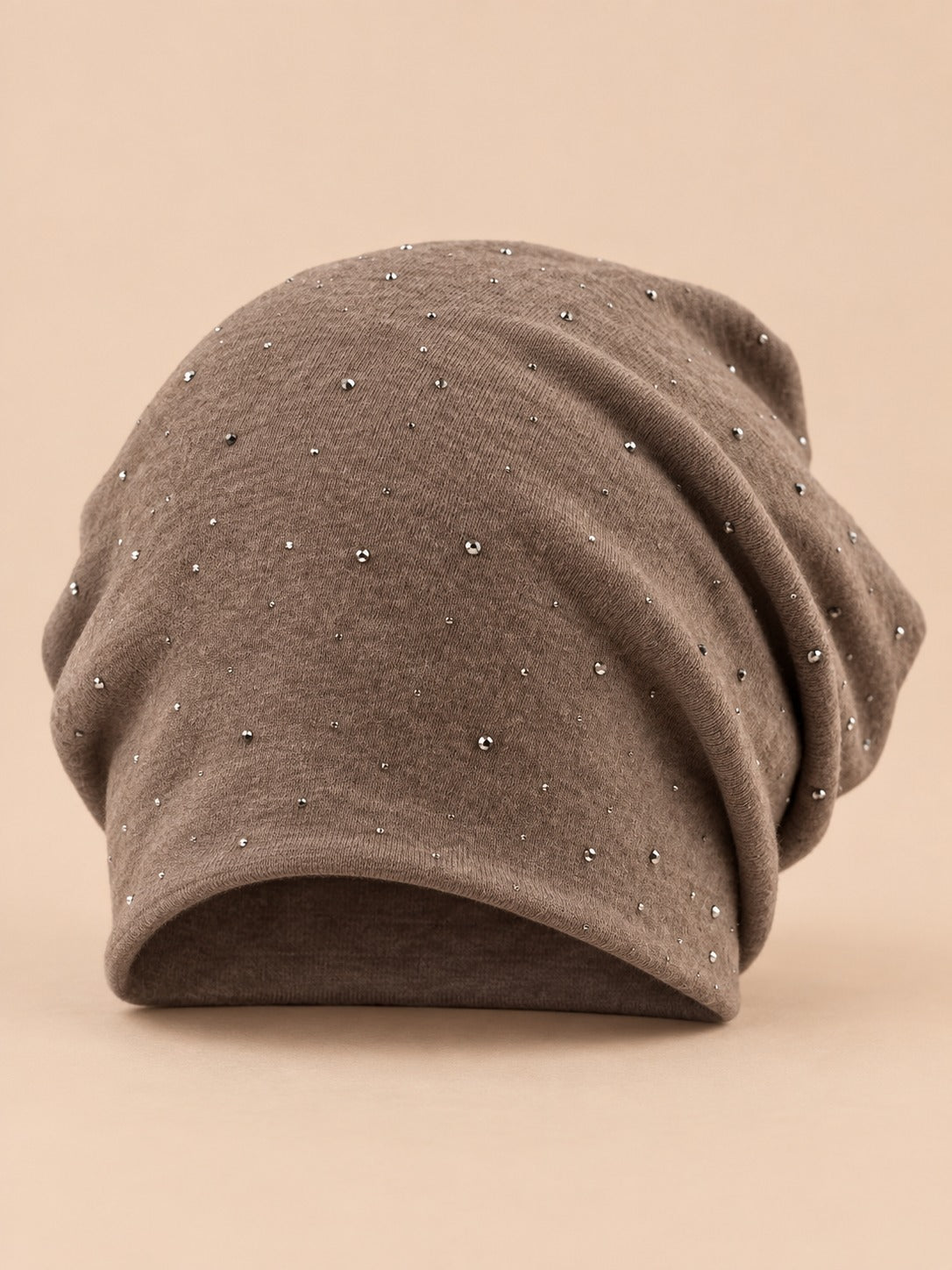 Bonnet slouchy femme à strass en coton tricoté, kaki, vue de face