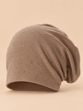 Long Beanie für Damen aus Baumwollmischung mit Strass – Hellbraun, Vorderansicht