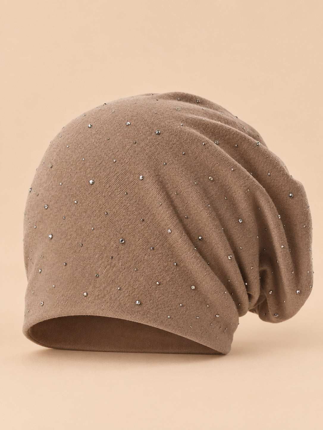 Bonnet slouchy femme à strass en coton tricoté, marron clair, vue de face