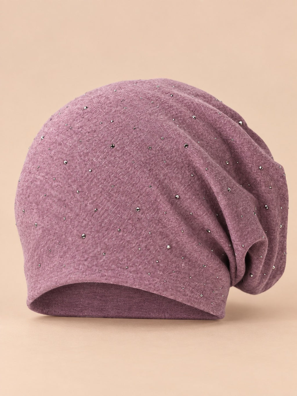 Long Beanie für Damen aus Baumwollmischung mit Strass – Farbvariante Violett, Ansicht von vorn