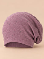 Long Beanie für Damen aus Baumwollmischung mit Strass – Farbvariante Violett, Ansicht von vorn