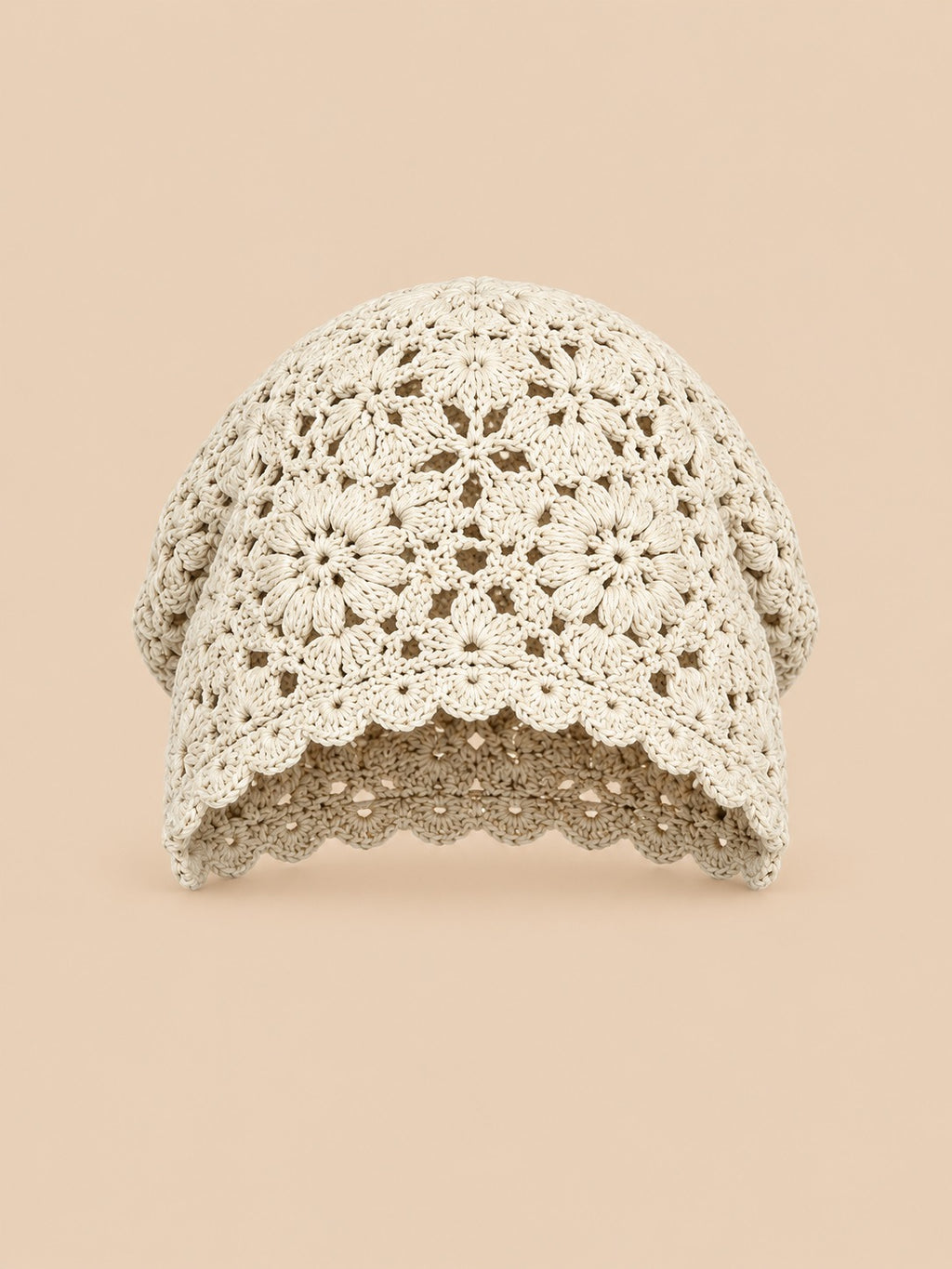 Beigefarbene Turbanmütze mit luftigem Rippen-Netzmuster im japanischen Retro-Stil, Vorderansicht