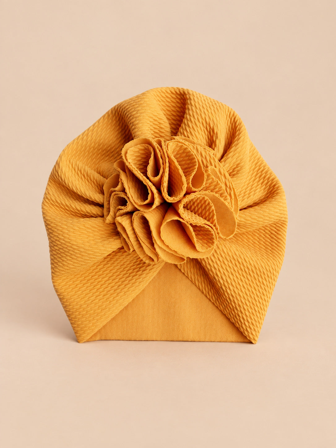 Baby-Turbanmütze mit Blume für neugeborene Mädchen – Farbvariante Gelb, Ansicht von vorn