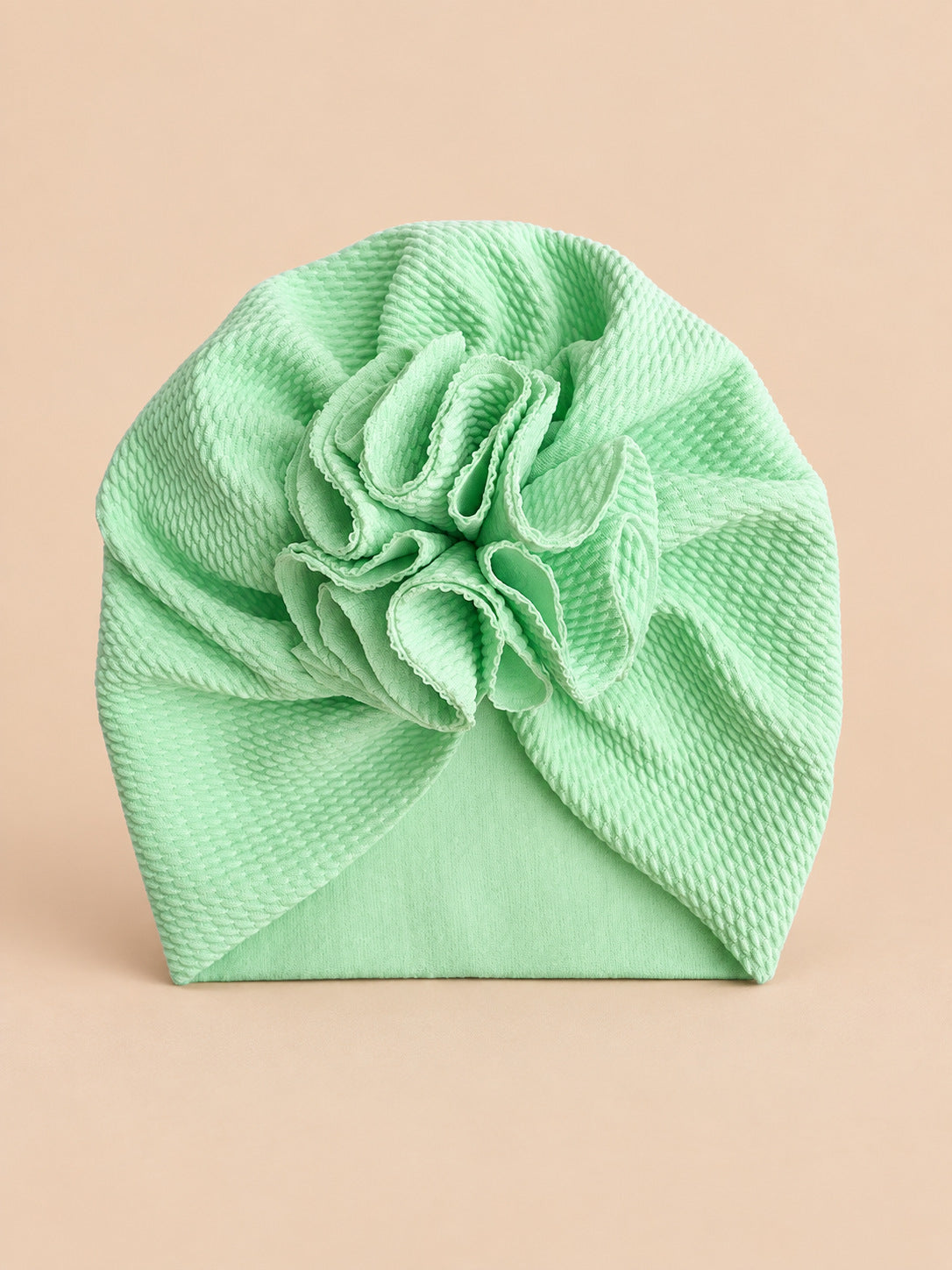 Baby-Turbanmütze mit Blume für neugeborene Mädchen – Farbvariante Grün, Ansicht von vorn