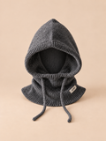 Dunkelgraue Damen-Balaclava aus Wolle mit passender Strickinnenseite, integriertem Kragen und Kordeln