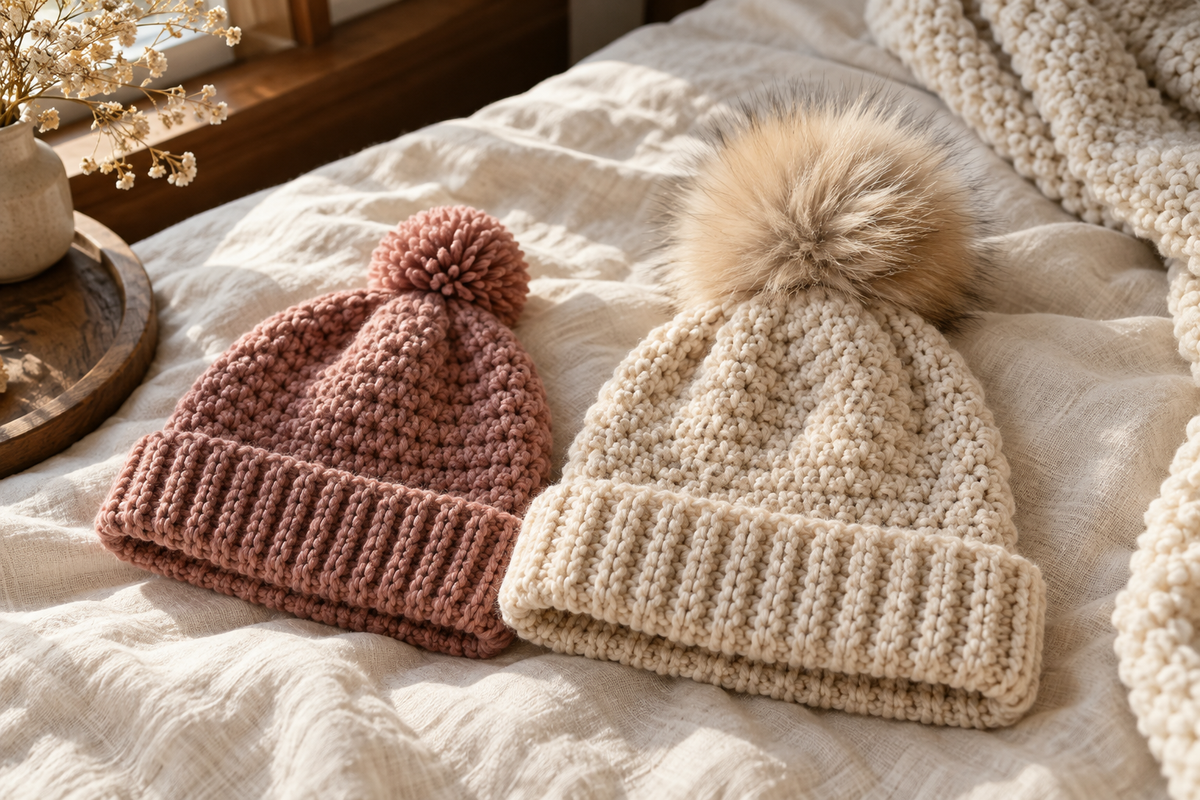 Deux bonnets avec des pompons de tailles différentes